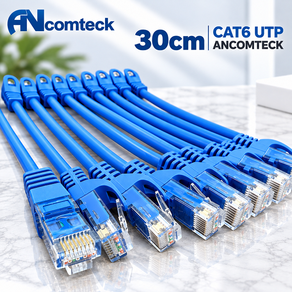 DÂY NHẢY PATCH CORD 0.3m CAT6 UTP lõi đồng, đầu đúc hiệu Ancomteck ACT-LAN-6003BLD 30CM